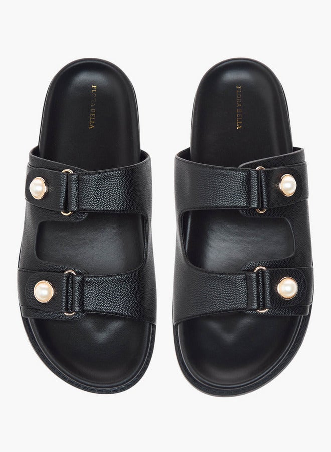 Flora Bella By Shoexpress Textured Pearl Embellished Slip-On Flat Sandals - Image 2