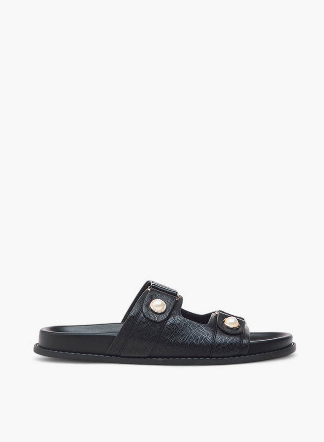 Flora Bella By Shoexpress Textured Pearl Embellished Slip-On Flat Sandals - Image 1