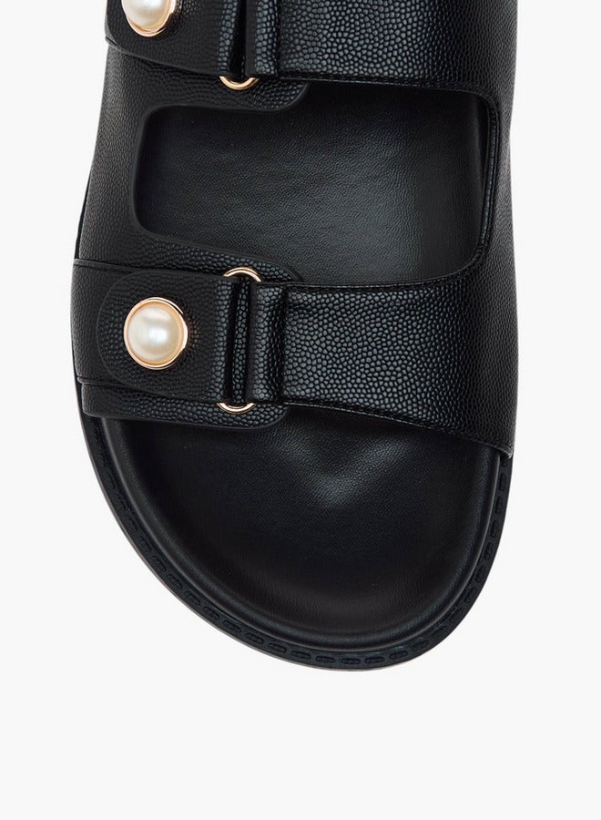 Flora Bella By Shoexpress Textured Pearl Embellished Slip-On Flat Sandals - Image 3