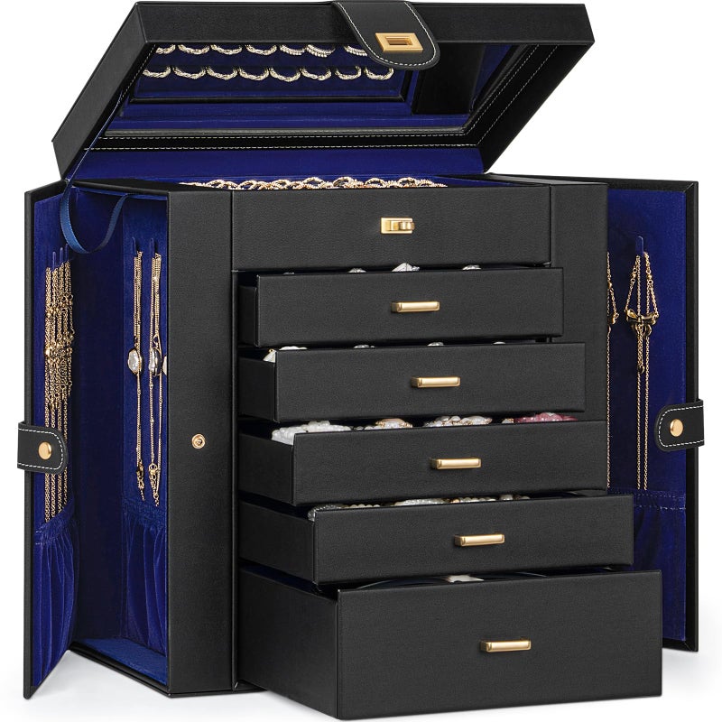 AKOZLIN Huge Jewelry Box Organizer Functional Large Leather Jewelry Storage Case for Women Girls Ring Necklace Earring Bracelet Holder Organizer with Mirror - Image 1
