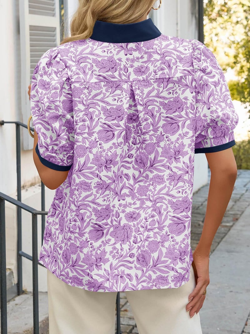 Cicy Bell Womens Floral Short Puff Sleeve Tops V Neck Patchwork Boho Summer Blouses Dressy Casual Shirts Purple - Image 4