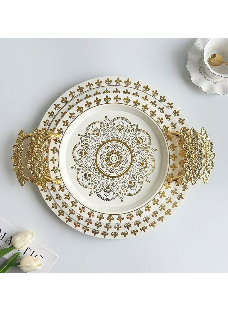 طقم أطباق تقديم دائرية عتيقة مكون من 3 قطع بمقابض ذهبية - صواني مزخرفة متعددة الطبقات للحفلات، وتناول الطعام، والحلويات، والوجبات الخفيفة | أطباق عرض أنيقة للمقبلات والحلويات - Image 1