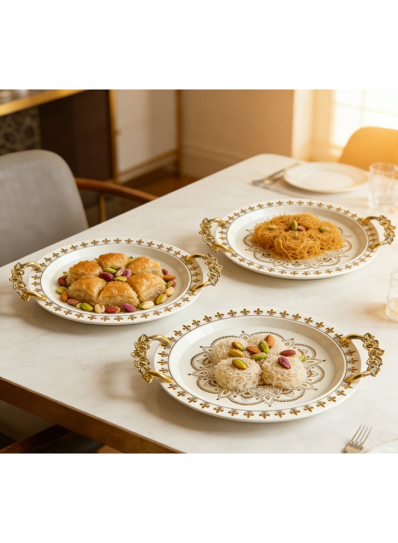طقم أطباق تقديم دائرية عتيقة مكون من 3 قطع بمقابض ذهبية - صواني مزخرفة متعددة الطبقات للحفلات، وتناول الطعام، والحلويات، والوجبات الخفيفة | أطباق عرض أنيقة للمقبلات والحلويات - Image 2