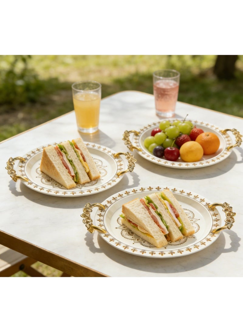 طقم أطباق تقديم دائرية عتيقة مكون من 3 قطع بمقابض ذهبية - صواني مزخرفة متعددة الطبقات للحفلات، وتناول الطعام، والحلويات، والوجبات الخفيفة | أطباق عرض أنيقة للمقبلات والحلويات - Image 3