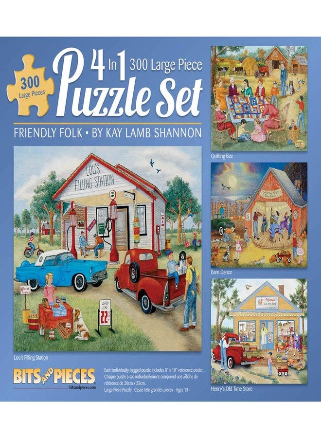 Bits and Pieces – 4-in-1 Multi-Pack 300 Piece Jigsaw Puzzles for Adults – Friendly Folk by Artist Kay Lamb Shannon, Completed Puzzle Size: 16" x 20" - Image 1