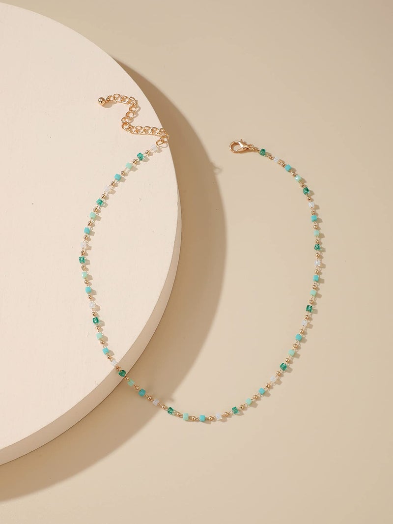 Jumwrit Bohemian Beaded Choker Necklaces Dainty Green Cubic Crystal Necklaces Boho Summer Beach Jewelry Prom Party Festival Necklaces Gift for Women - Image 3