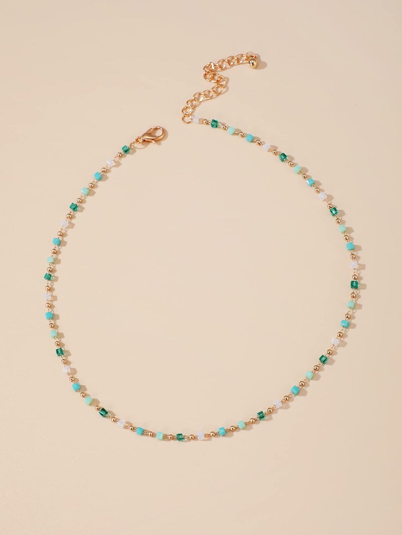 Jumwrit Bohemian Beaded Choker Necklaces Dainty Green Cubic Crystal Necklaces Boho Summer Beach Jewelry Prom Party Festival Necklaces Gift for Women - Image 4