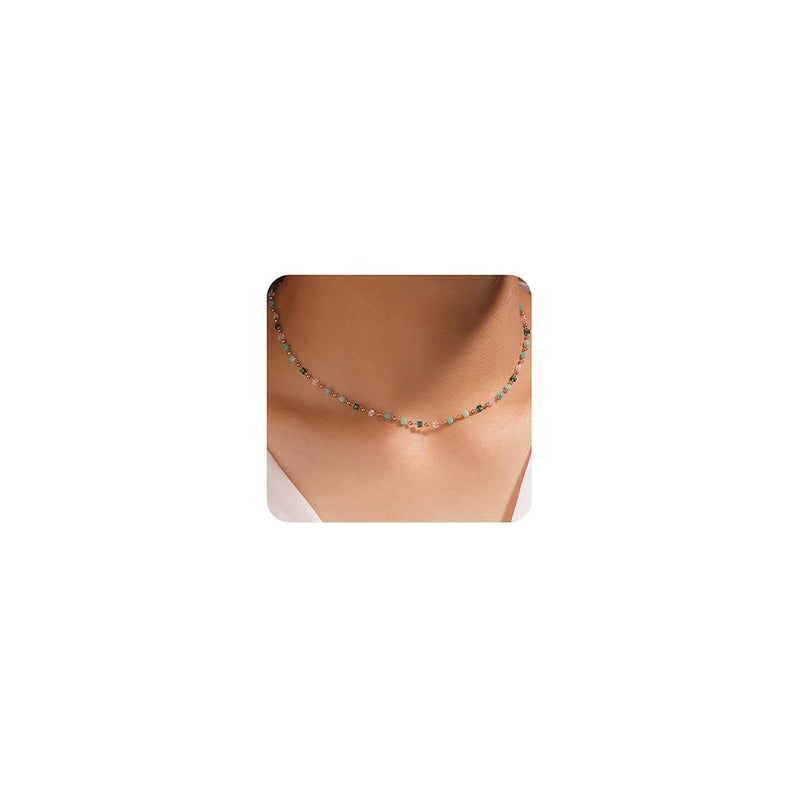 Jumwrit Bohemian Beaded Choker Necklaces Dainty Green Cubic Crystal Necklaces Boho Summer Beach Jewelry Prom Party Festival Necklaces Gift for Women - Image 1