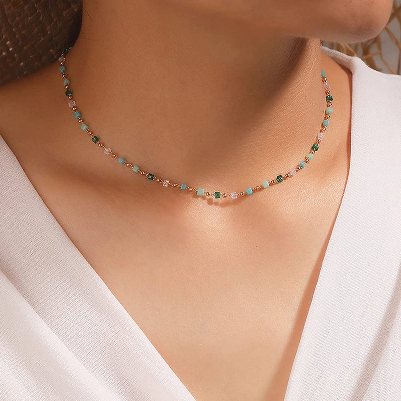 Jumwrit Bohemian Beaded Choker Necklaces Dainty Green Cubic Crystal Necklaces Boho Summer Beach Jewelry Prom Party Festival Necklaces Gift for Women - Image 2