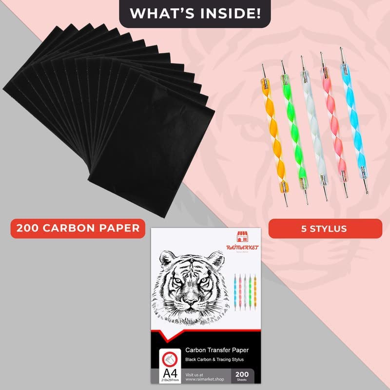 Raimarket 200 Sheets Black Carbon Paper for Tracing On Fabric | Carbon Paper for Tracing on Wood & Canvas, Tracing Paper for Drawing Sewing Patterns, 5 Stylus, A4 Size (9 X 13) Graphite Transfer Paper - Image 2