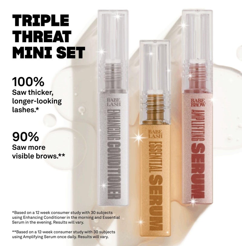 Babe Original Triple Threat Mini Set, Includes Babe Lash Essential Serum & Enhancing Conditioner + Babe Brow Amplifying Serum, 1 mL, 3 Pack - Image 4