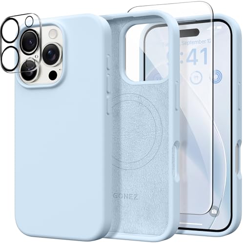 GONEZ Magnetic for iPhone 16 Pro Max Case, Compatible with MagSafe, Liquid Silicone Case, with Screen Protector + Camera Protector, Full Body Protective Shockproof Phone Cover 6.9", Blue - Image 1