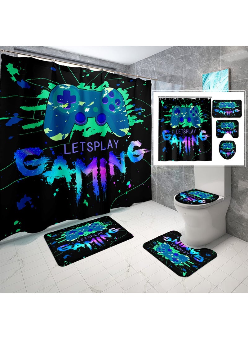 kodhyvj kodhyvj 4 Pcs Gaming Kids Shower Curtains for Bathroom Boys Bathroom Sets with Shower Curtain and Rugs Gamer Bathroom Decor Black Colorful Game Curtain with Hooks 
