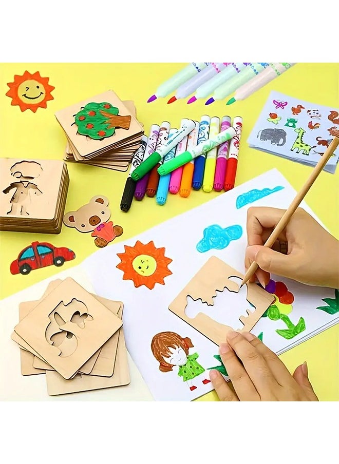 Generic 20-Piece Montessori Drawing Toys Wooden DIY Painting Template ,Stencils Learning Educational Toys For Gift  - Image 1
