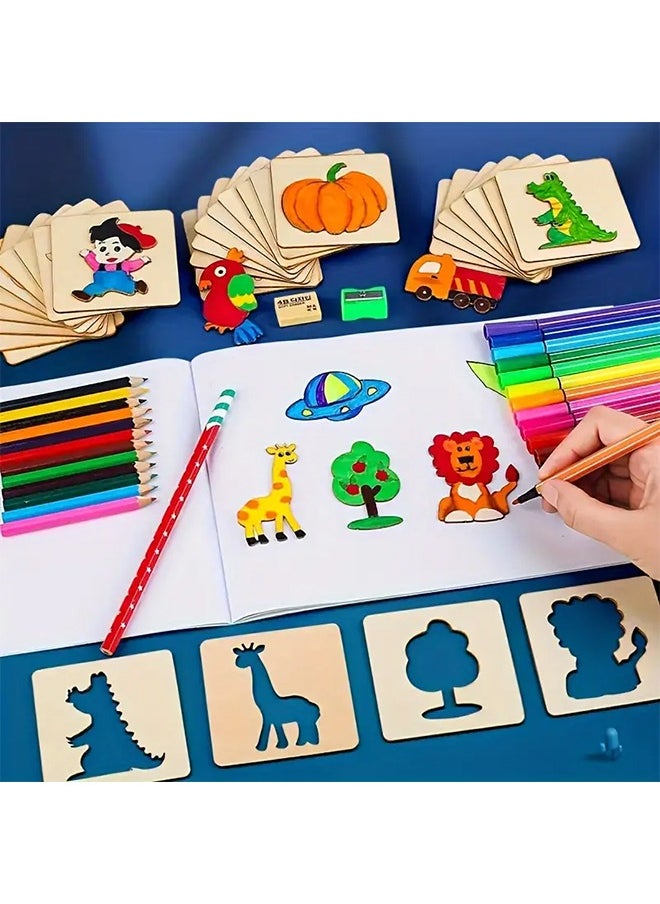 Generic 20-Piece Montessori Drawing Toys Wooden DIY Painting Template ,Stencils Learning Educational Toys For Gift  - Image 3
