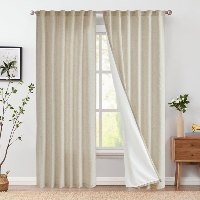 jinchan Oat Linen Curtains 84 Inches Long for Living Room Farmhouse Curtains with Lined Rod Pocket Back Tab Light Filtering Window Drapes with Lined for Bedroom Curtains 2 Panels Oat