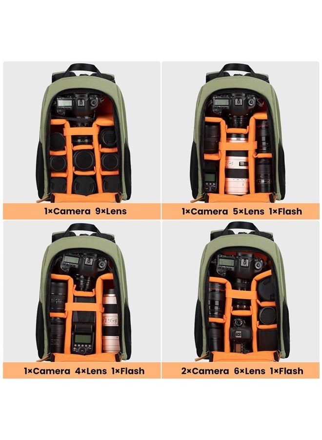 Camera Backpack Waterproof Camera Bag Large Capacity Camera Case with 15 Inch Laptop Compartment Rain Cover for Women Men Photographer Lens Tripod Green