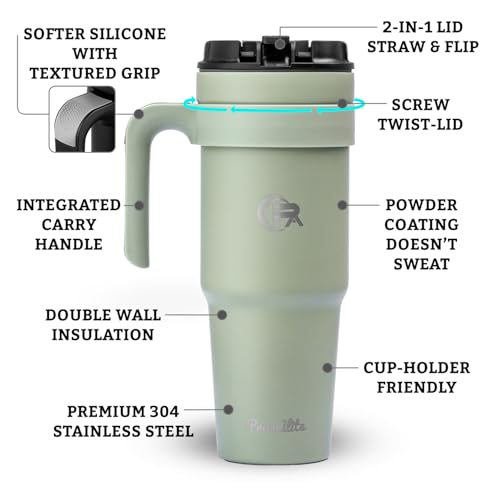 Primalite 1200ML Stainless Steel Insulated Tumbler with Handle | 2-in-1 Straw & Flip Lid | 40oz Travel Mug Bottle for Hot, Cold Drink | Fits in Car CupHolder for Water, Iced Tea, Coffee- Olive Green - Image 4