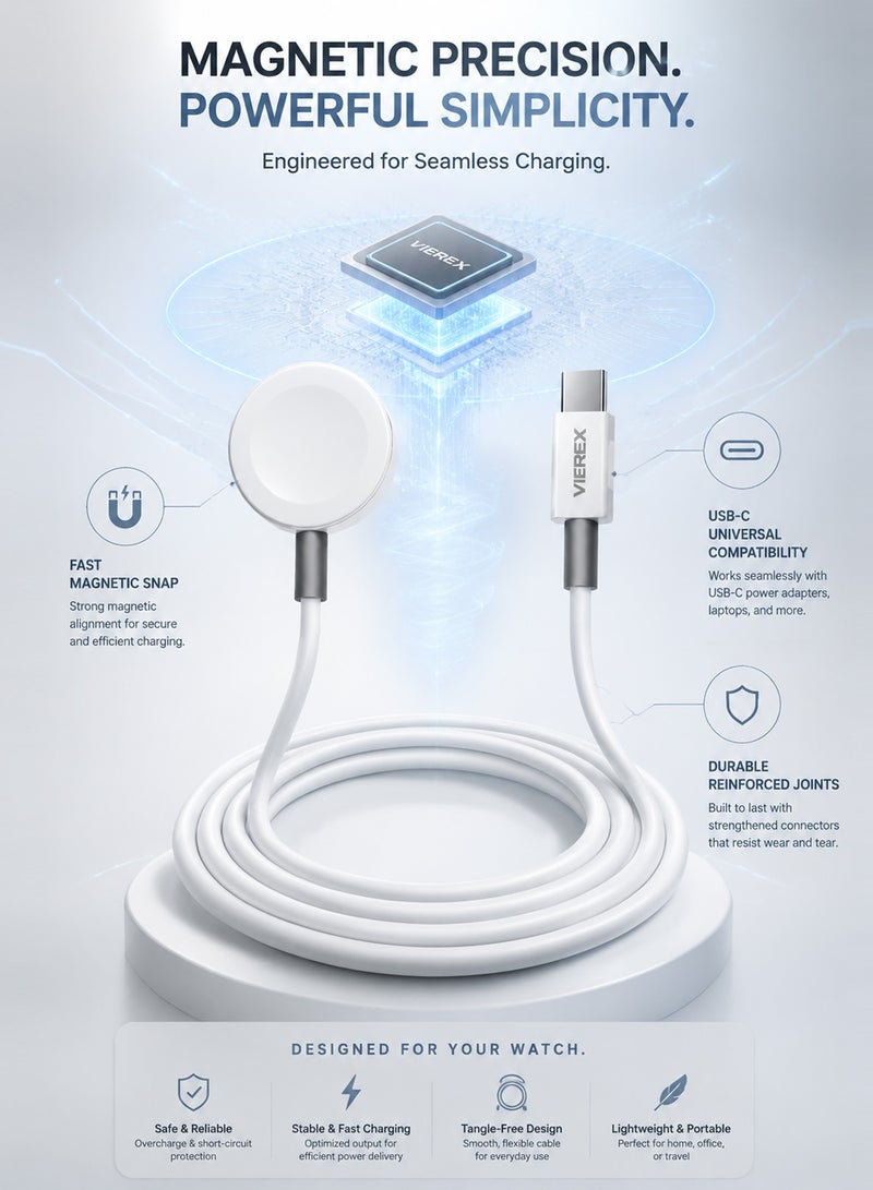 Vierex Metal Magnetic Wireless Charger Cable for Apple Watch Series | High-Speed Type-C Inductive Charging Dock Cord, Premium Portable Smart Watch Charger Pad - Image 5