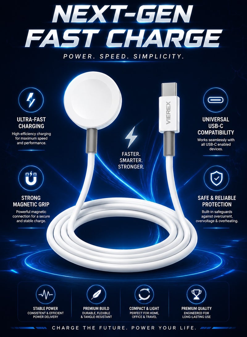 Vierex Metal Magnetic Wireless Charger Cable for Apple Watch Series | High-Speed Type-C Inductive Charging Dock Cord, Premium Portable Smart Watch Charger Pad - Image 2