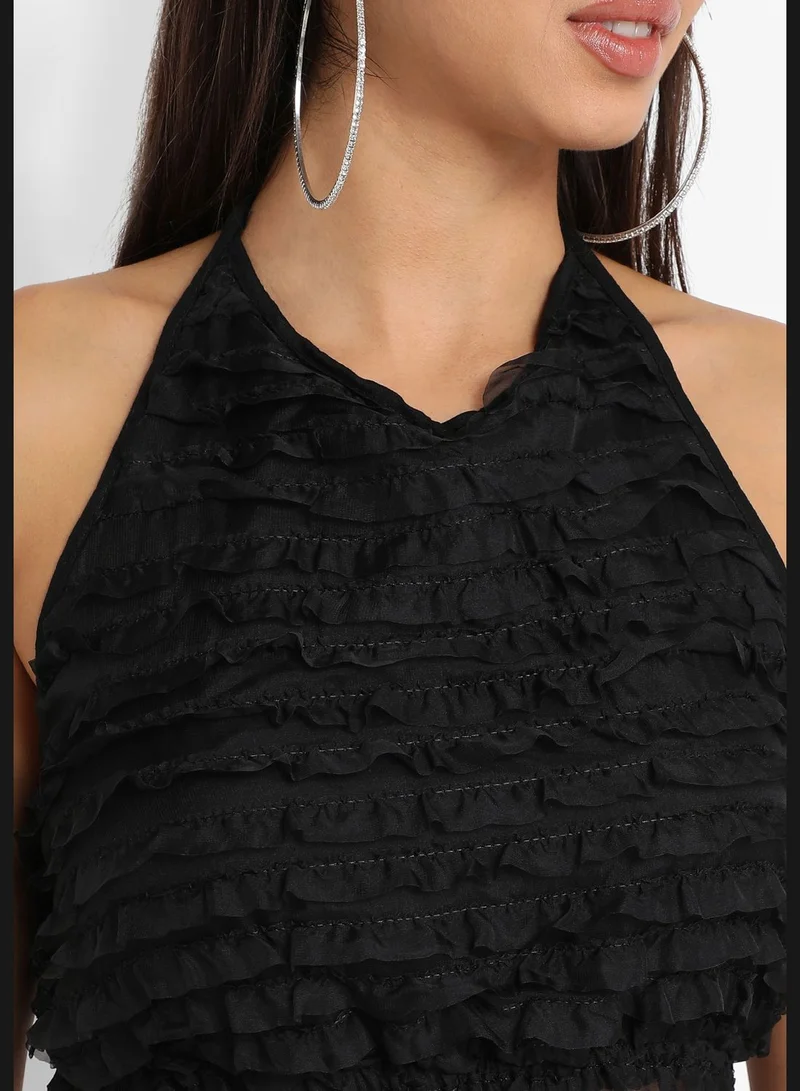 Campus Sutra Solid Halter Neck Sleeveless Top and Dress Set
