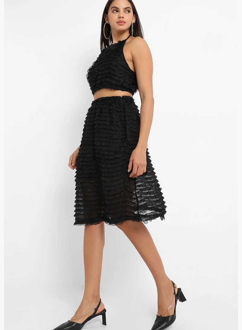 Campus Sutra Solid Halter Neck Sleeveless Top and Dress Set