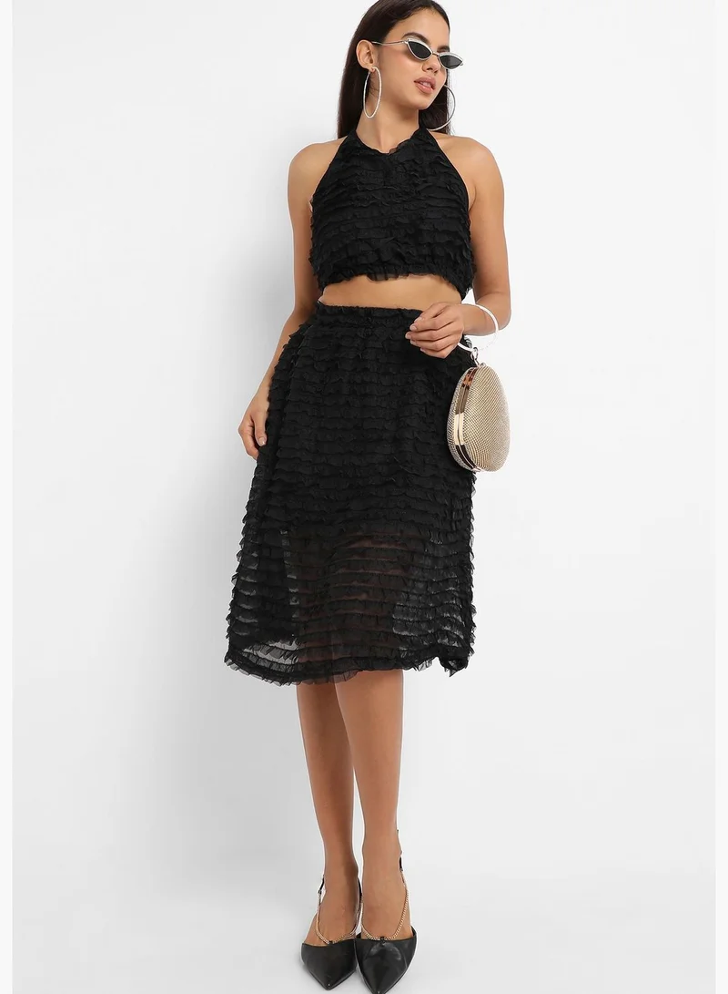 Campus Sutra Solid Halter Neck Sleeveless Top and Dress Set