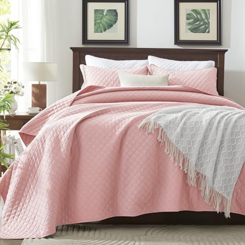 SunStyle Home Queen Quilt Bedding Set Pink, Lightweight Comforter Bedspread Blanket Full Queen Size Quilt, Durable Quilted Stitching Coverlet with 2 Pillow Shams Diamond Pattern All Seasons 3pcs - Image 5