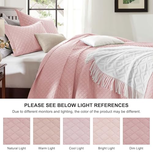SunStyle Home Queen Quilt Bedding Set Pink, Lightweight Comforter Bedspread Blanket Full Queen Size Quilt, Durable Quilted Stitching Coverlet with 2 Pillow Shams Diamond Pattern All Seasons 3pcs - Image 3