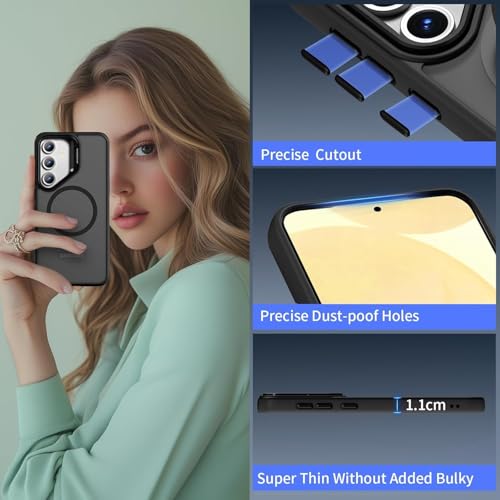 DIZORO Polycarbonate Samsung Galaxy S25 FE Case Compatible with Mag Safe & Wireless Charging,with Camera Stand,Military Grade Drop Tested,Translucent Hard Back Soft Edge Back Cover (Black) - Image 2