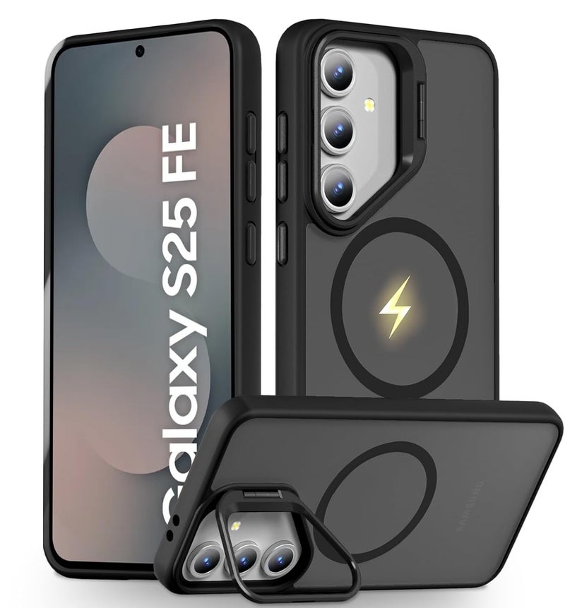 DIZORO Polycarbonate Samsung Galaxy S25 FE Case Compatible with Mag Safe & Wireless Charging,with Camera Stand,Military Grade Drop Tested,Translucent Hard Back Soft Edge Back Cover (Black) - Image 1