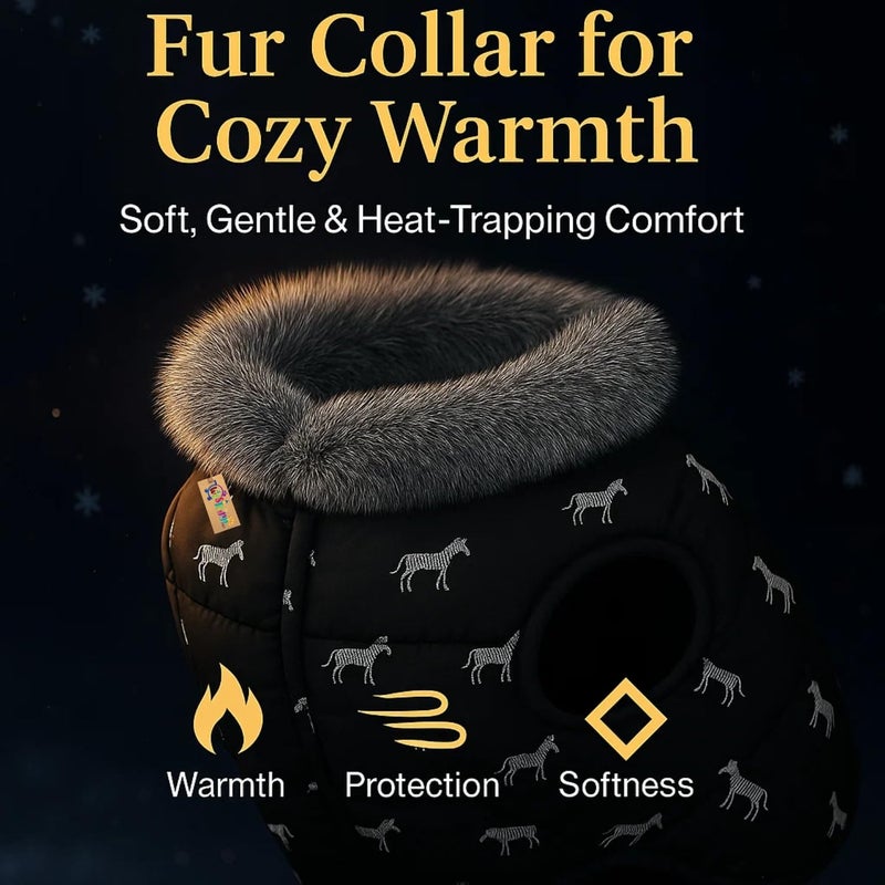 Western Era Dog Print Black Winter Coat with Fur Collar | Cold Weather Windproof Jacket | Soft Warm Padded Outfit with Leash Hole | Cozy Pet Clothing for Walks, Travel (XLarge - 20inch) - Image 3