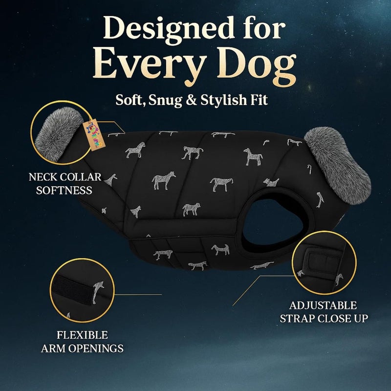 Western Era Dog Print Black Winter Coat with Fur Collar | Cold Weather Windproof Jacket | Soft Warm Padded Outfit with Leash Hole | Cozy Pet Clothing for Walks, Travel (XLarge - 20inch) - Image 5