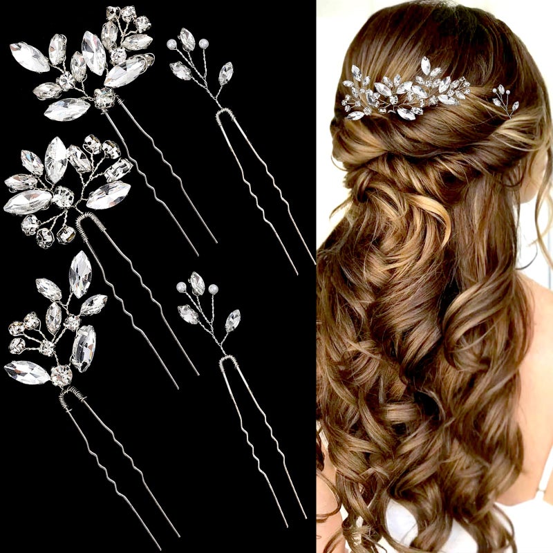 LAPOHI 5 Pieces Bride Hair Pins Rhinestone Bridal Hair Piece for Women Crystal Hair Accessories for Bride Bridesmaids Flower Girls(Silver) - Image 1