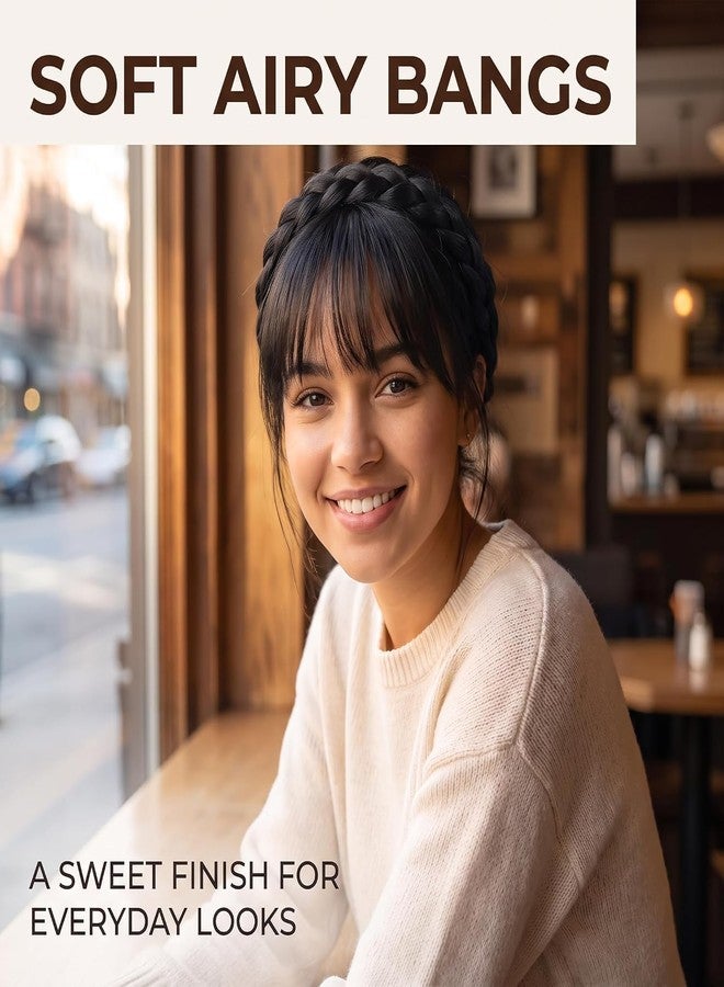Jowxsx 100% Black Human Hair Extensions Medium Black Clip on Fringe Bangs with nice net Natural Flat neat Bangs with Temples for women One Piece Hairpiece - Image 4