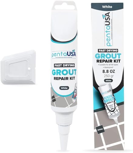 PentaUSA Tile Grout Repair Kit - White Grout Filler, Triple Protection, Fast Drying Formula Restores and Renews Grout Lines with Scraper (White, 8.8oz / 250gr) - Image 1