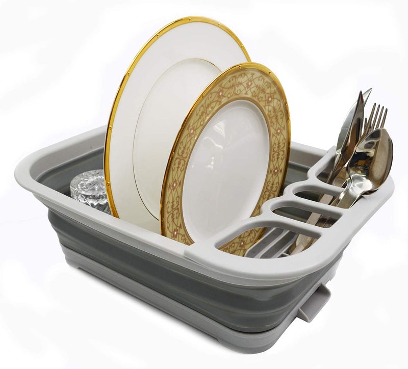 SAMMART Collapsible Dish Drainer with Drainer Board - Foldable Drying Rack Set - Portable Dinnerware Organizer - Space Saving Kitchen Storage Tray (1, Grey) - Image 1
