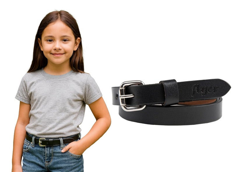Flyer Girls Black Leather Belt – Genuine Leather Kids Belt for wear on Jeans, Dress, School & Party – Adjustable Stylish for Girls 2–14 Years | 2 Years Warranty BL1281 - Image 1