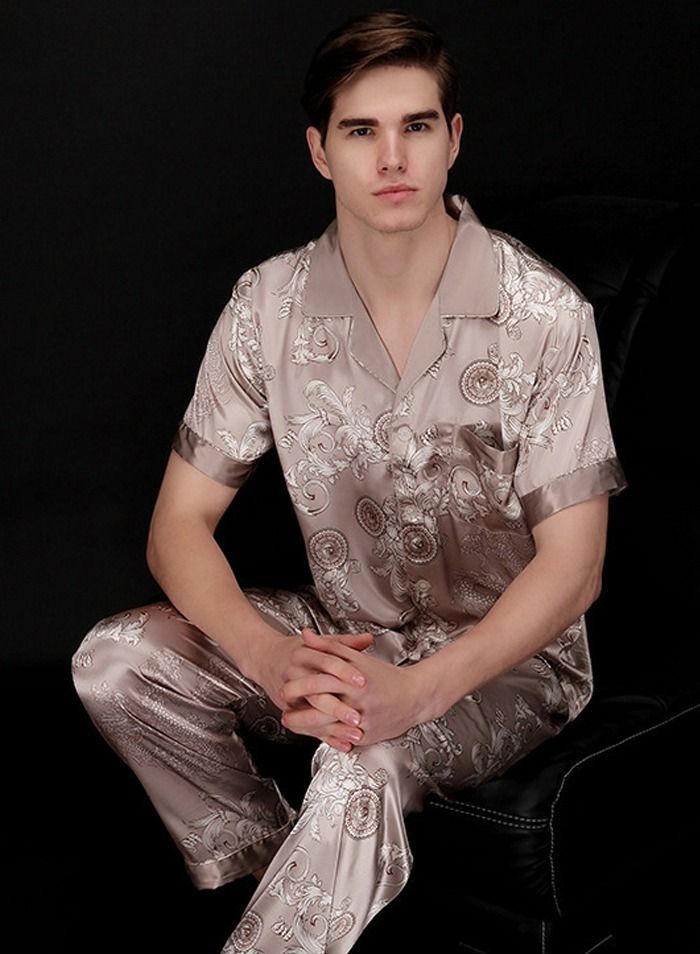 Loquat Men's Long Sleeve Printed Pajama Set 2-Piece Pajamas Sleepwear Set Lounge Wear Camel  - Image 1