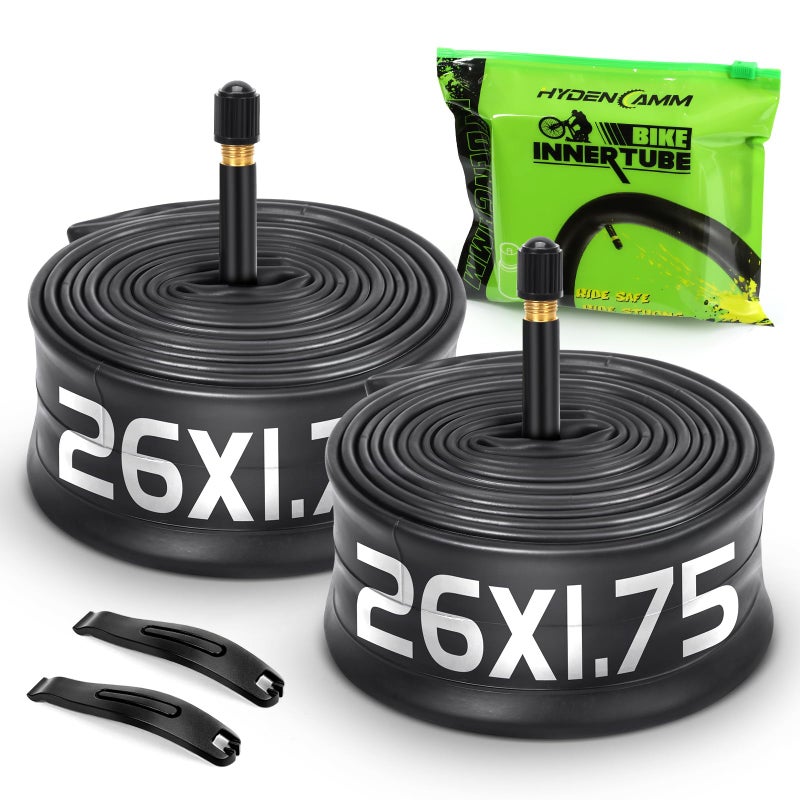 Hydencamm 2 Pack 26x1.75/2.125 Bike Tire Tube, 26x1.75 26x1.95 26x2.10 26x2.125 with 48mm Schrader Valve, Butyl Bike Tube 26 x 1.95 with 2PCS Levers, for MTB and Cruisers, City Bikes, Road Bikes - Image 1