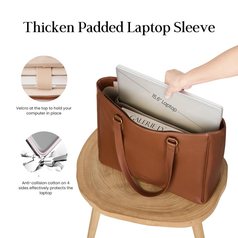 befen Real Leather Work Tote Bag for Women Multi-Pockets Shoulder Totes Purse Satchel Office Bags Handbag with Cup Holder for Work & Travel Cognac Brown - Image 3