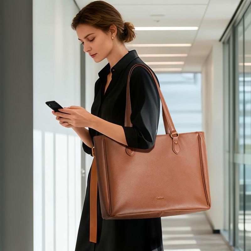 befen Real Leather Work Tote Bag for Women Multi-Pockets Shoulder Totes Purse Satchel Office Bags Handbag with Cup Holder for Work & Travel Cognac Brown - Image 2