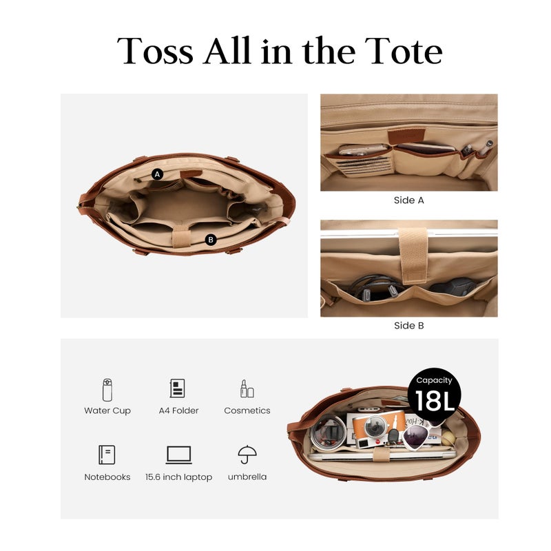 befen Real Leather Work Tote Bag for Women Multi-Pockets Shoulder Totes Purse Satchel Office Bags Handbag with Cup Holder for Work & Travel Cognac Brown - Image 4