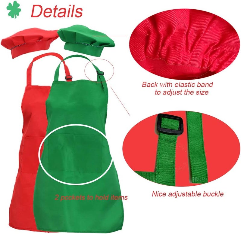 multifuns 2 Sets Green&Red Kids Apron and Chef Hat Set-Childrens Kids Apron for Girls Boys Cooking Painting Baking Wear 5-12 Ages. - Image 2