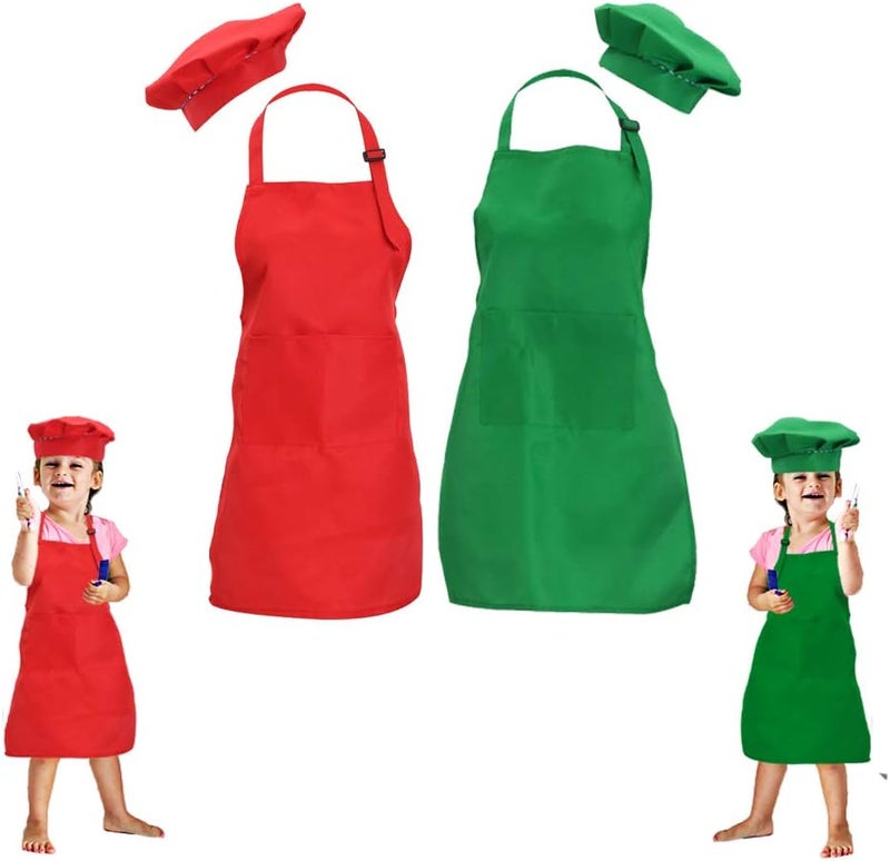 multifuns 2 Sets Green&Red Kids Apron and Chef Hat Set-Childrens Kids Apron for Girls Boys Cooking Painting Baking Wear 5-12 Ages. - Image 1