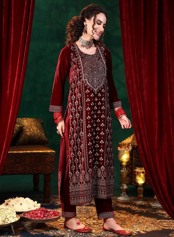 لباس طقم ليباس النسائي من الكورتا المخملية المطبوعة المستقيمة مع بنطال وشال - Image 4