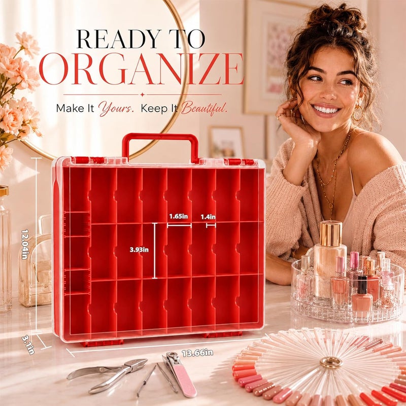 ALCYON Clear Nail Polish Organizer Case, 48-Compartment Double-Sided Nail Polish Storage Box with Adjustable Dividers, Portable Plastic Holder for Gel Polish Bottles, Nail Art Supplies, Jewelry (Red) - Image 4