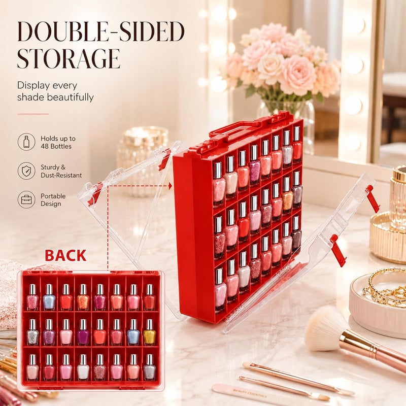 ALCYON Clear Nail Polish Organizer Case, 48-Compartment Double-Sided Nail Polish Storage Box with Adjustable Dividers, Portable Plastic Holder for Gel Polish Bottles, Nail Art Supplies, Jewelry (Red) - Image 2