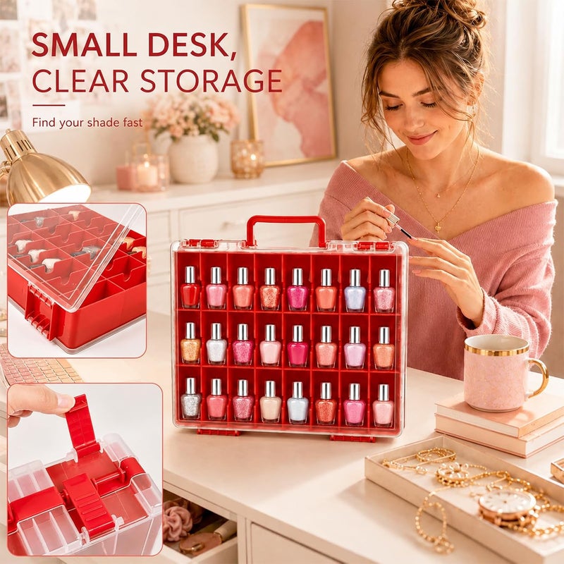 ALCYON Clear Nail Polish Organizer Case, 48-Compartment Double-Sided Nail Polish Storage Box with Adjustable Dividers, Portable Plastic Holder for Gel Polish Bottles, Nail Art Supplies, Jewelry (Red) - Image 5