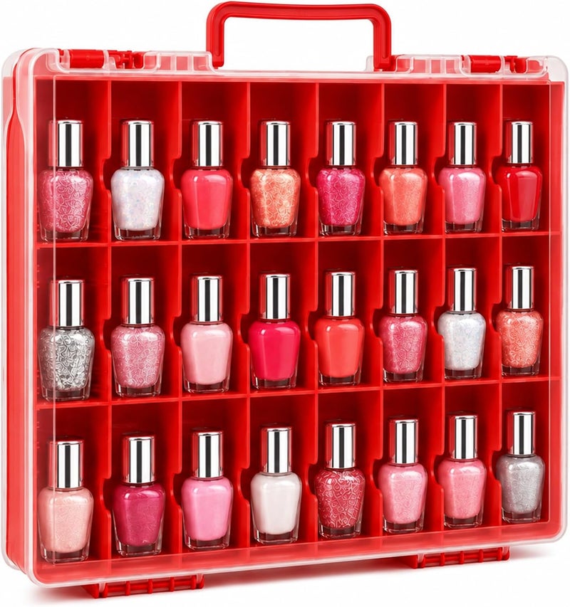 ALCYON Clear Nail Polish Organizer Case, 48-Compartment Double-Sided Nail Polish Storage Box with Adjustable Dividers, Portable Plastic Holder for Gel Polish Bottles, Nail Art Supplies, Jewelry (Red) - Image 1